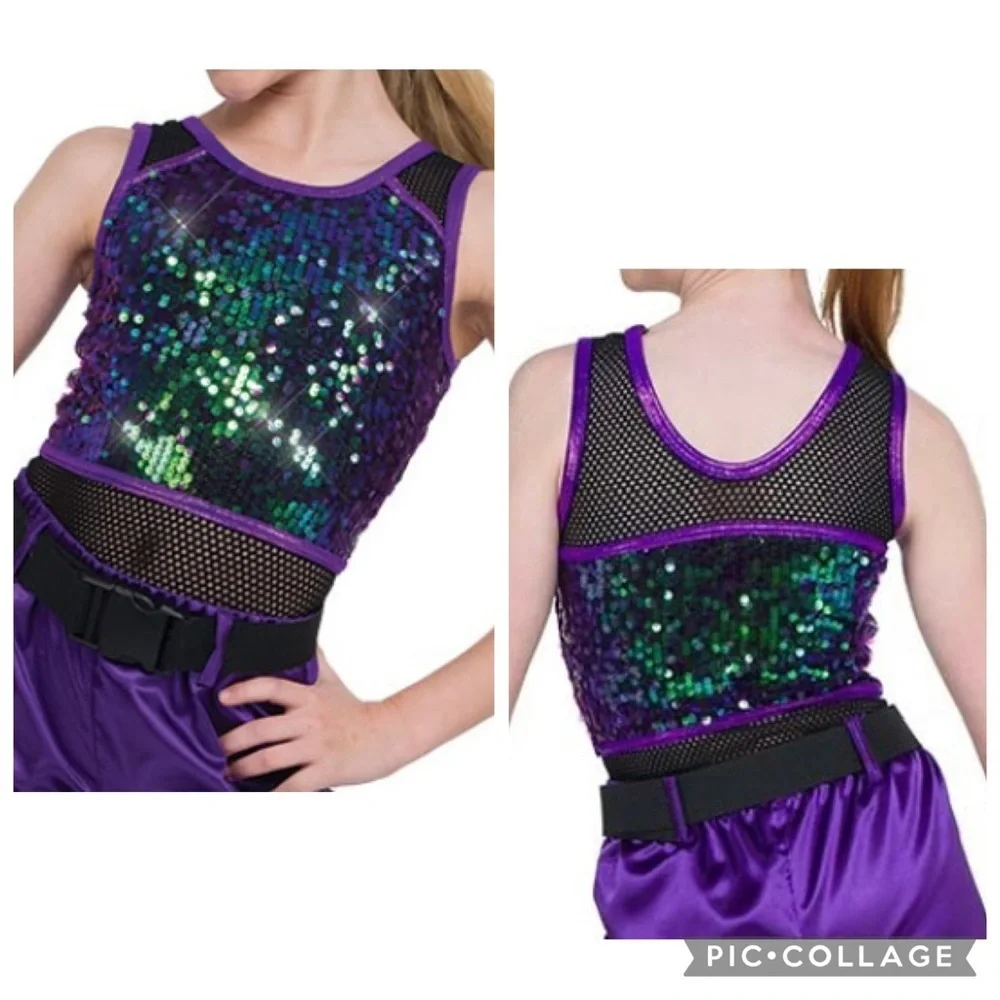 A WISH COME TRUE Kid’s Purple Black Sequin Leotard Mesh Inserts Size Child’s XL